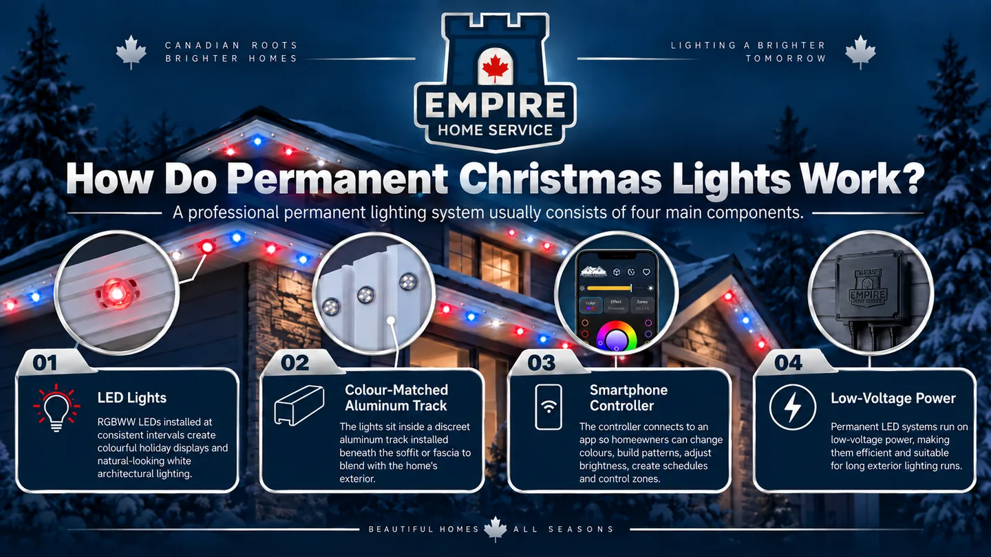 Diagram showing the LED lights, colour-matched aluminum track, smartphone controller and low-voltage power used in permanent Christmas lighting