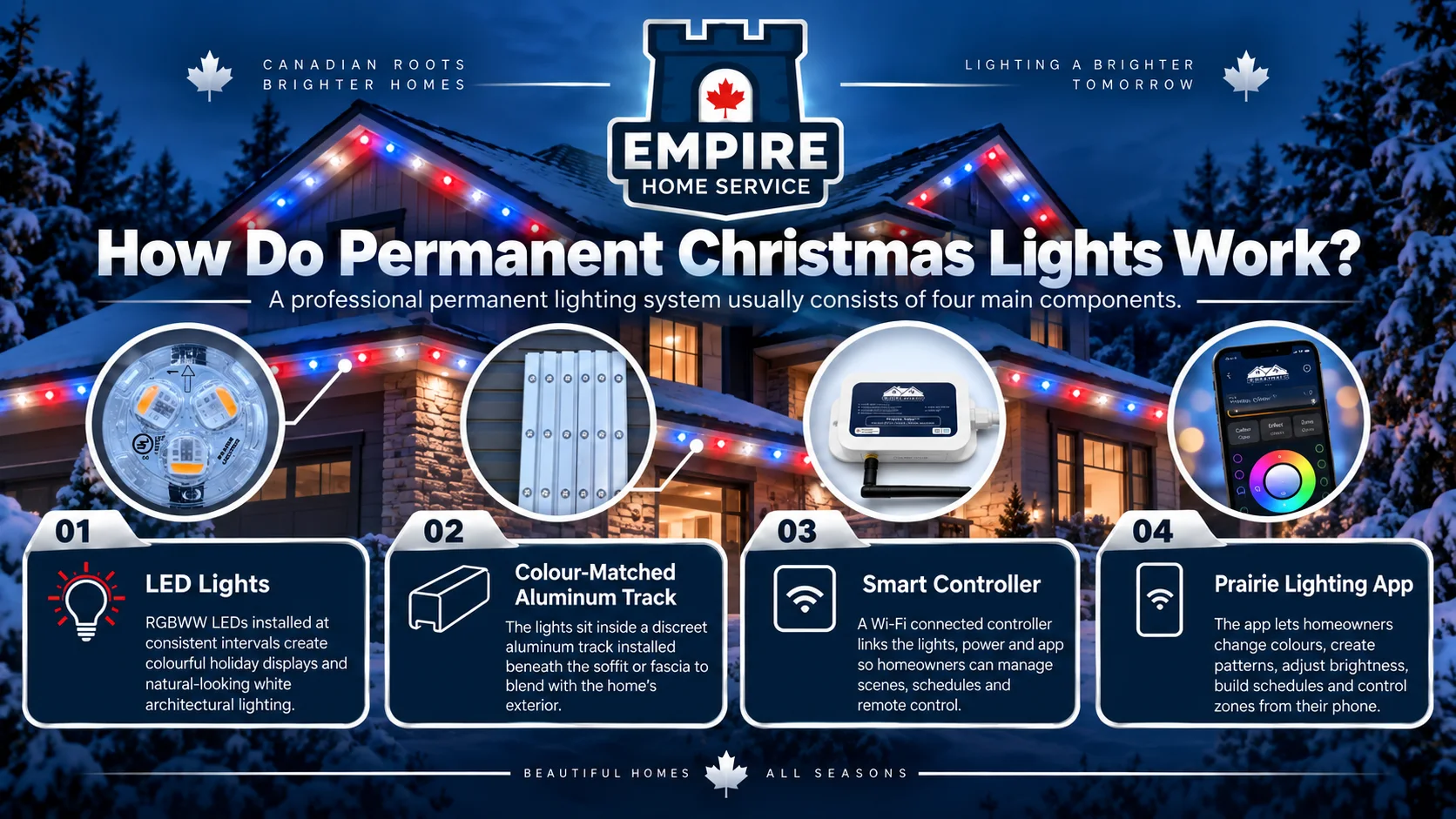 Diagram showing the LED lights, colour-matched aluminum track, smart controller and Prairie Lighting app used in permanent Christmas lighting