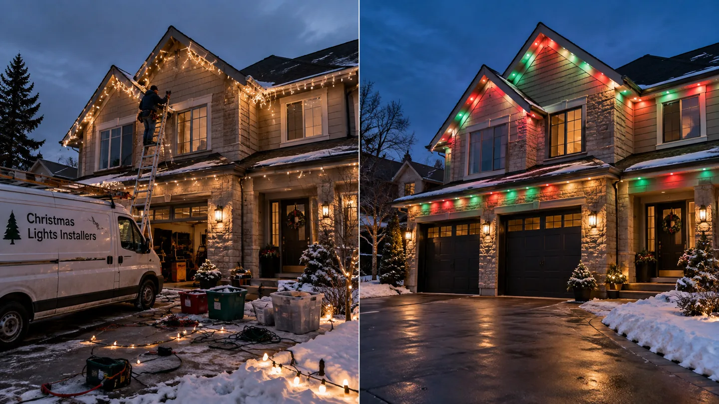 Traditional seasonal Christmas light installation compared with permanent multicolour roofline lighting
