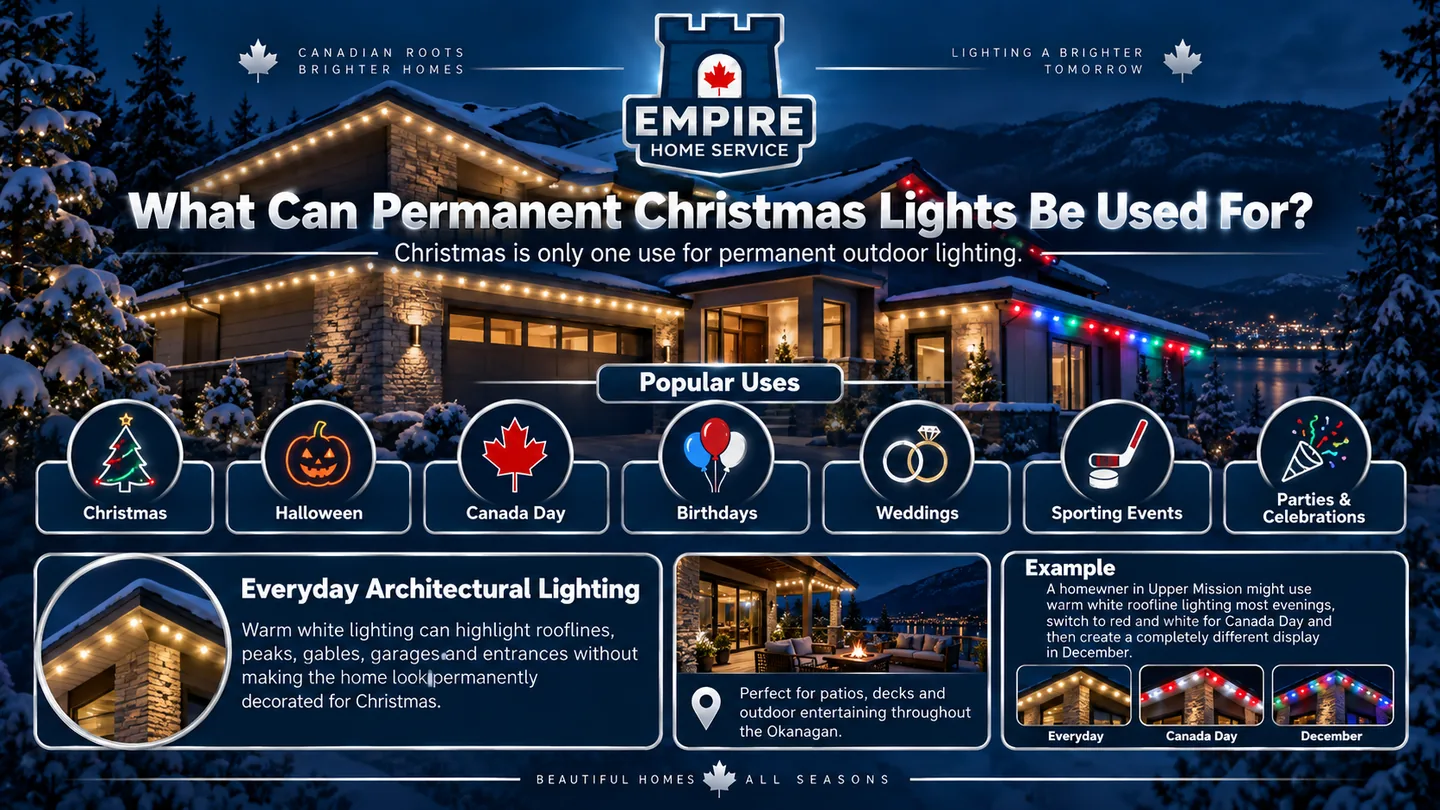 Examples of permanent Christmas lights used for holidays, celebrations and warm white architectural lighting