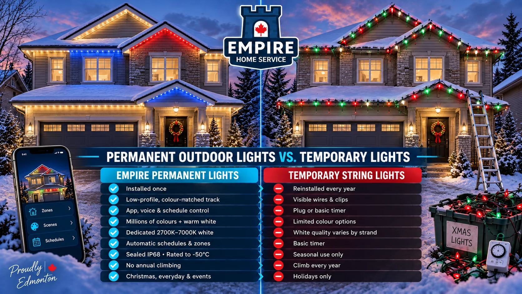 Permanent outdoor lights compared with temporary string lights on Edmonton homes