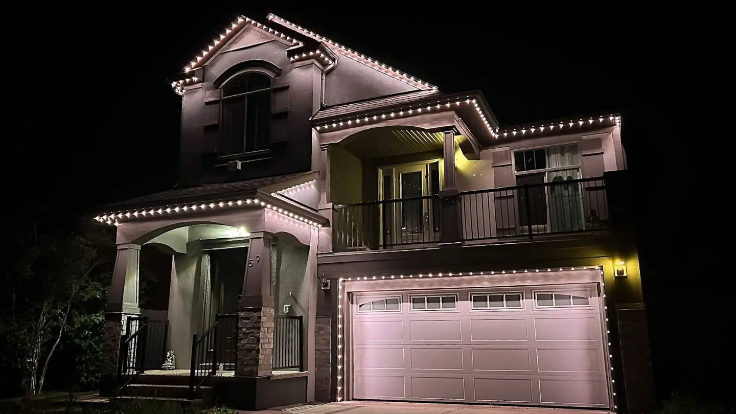 Permanent outdoor LED lighting on Kelowna, BC home in the Okanagan Valley at night