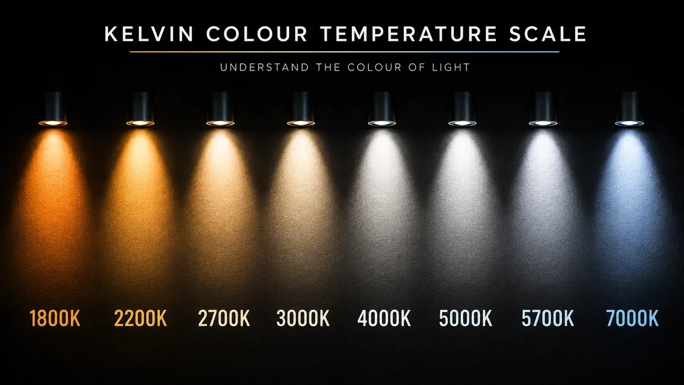 Kelvin colour temperature scale from warm 1800K light to cool 7000K light