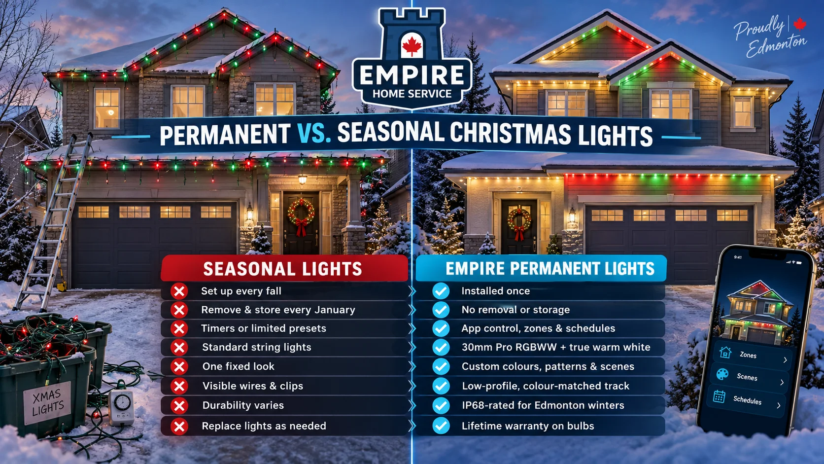 Permanent Christmas lights compared with seasonal Christmas lights on Edmonton homes