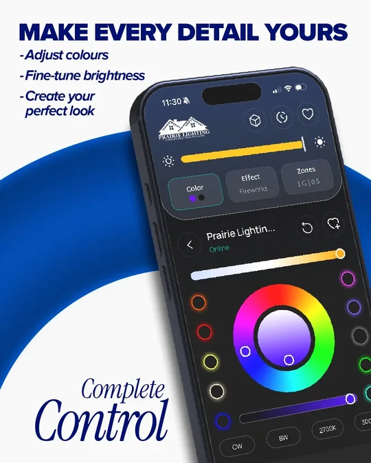 Prairie Lighting app colour wheel for selecting colours and brightness