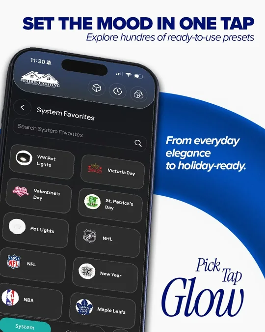 Prairie Lighting app favourites screen with saved lighting scenes
